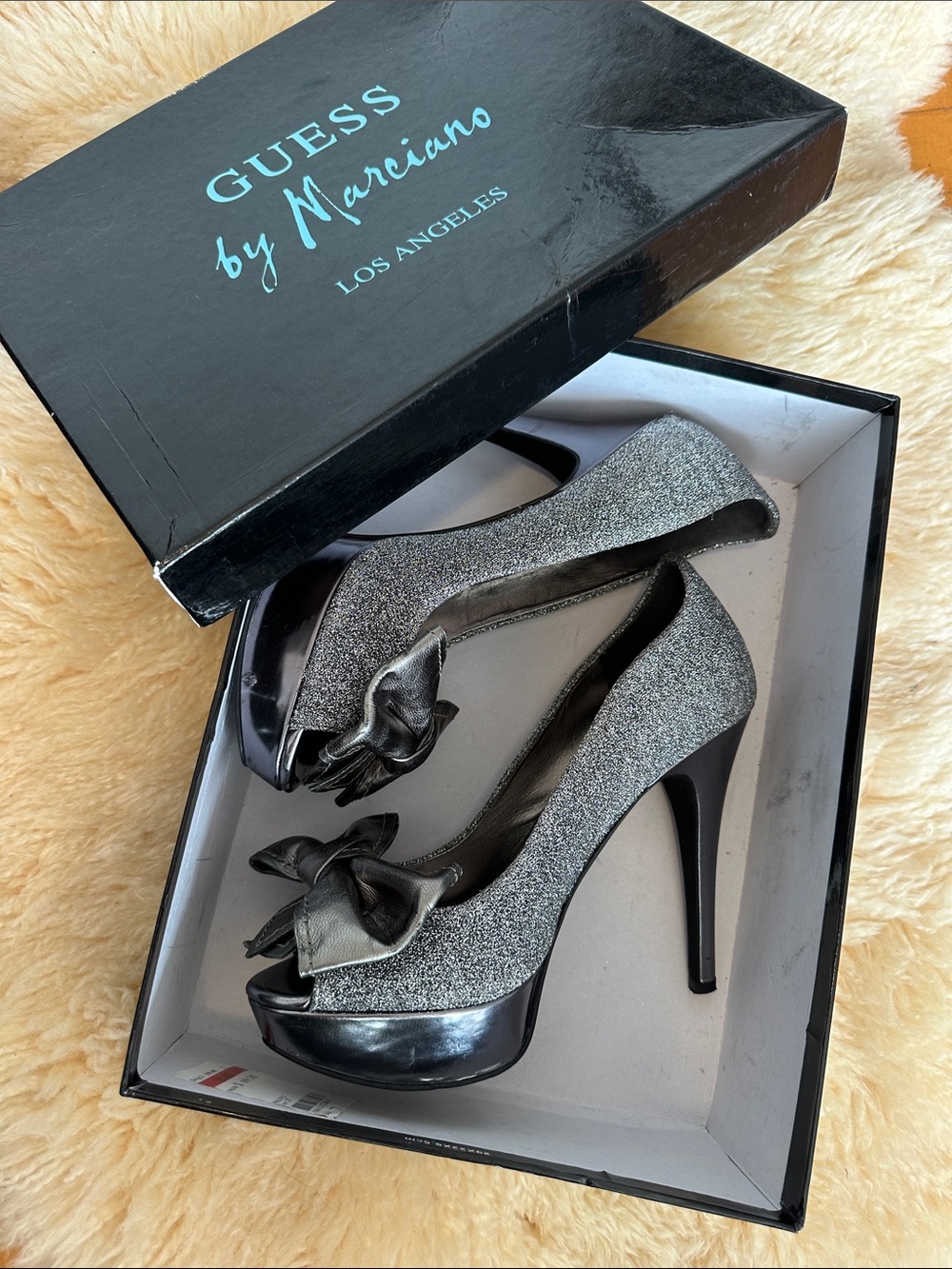 Guess by Marciano Glitter Peep-Toe Pumps with Bow in Silver